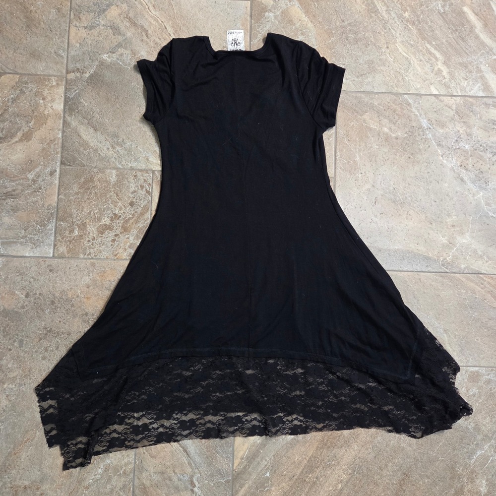 Vocal USA Black Rhinestone Laser Cut Lace Hem Tunic Mini Dress M  Y2K Edgy - Picture 10 of 11